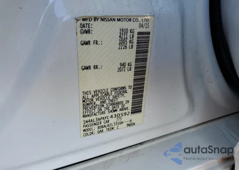 2015 Nissan Altima 2.5 from USA, damaged, VIN 1N4AL3APXFC430592